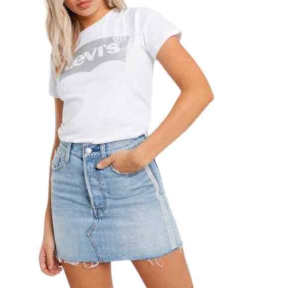 NEW! LEVI'S Premium Deconstructed Rhinestone Mini Denim Jean Skirt 32. - Picture 1 of 11